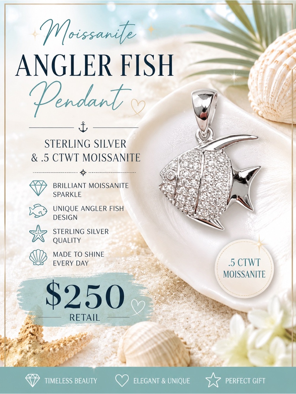 Angler Fish Pendant with Sterling Silver & .5 ctwt Moissanite $250 retail
